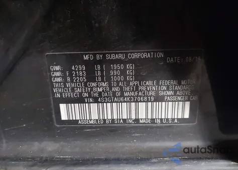 2019 Subaru Impreza 2.0I Limited из США, поврежденный, VIN 4S3GTAU64K3706819